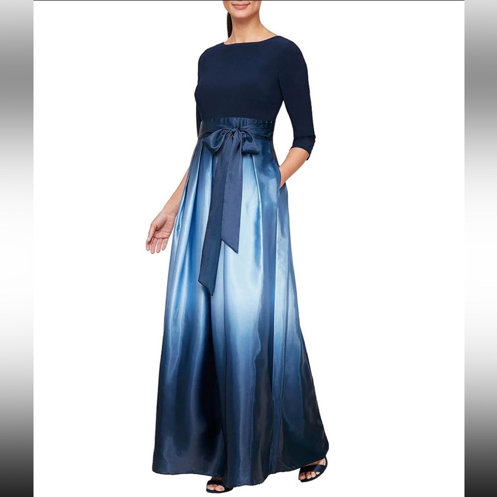 SLNY Navy and Light Blue Ombre Satin Gown with Sash